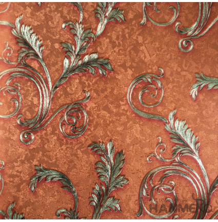 HANMERO PVC European Leaf Orange Metallic Wallpaper For Interior Wall Decor