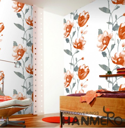 Hanmero Pastoral Orange Floral Printed Vinyl Wallpaper 0.53*10M/roll For Room Decoration