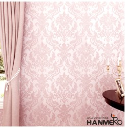 HANMERO 10m Classic Nonwoven Glitter Flocking Textured Damask Wall Paper Roll for Bedroom Living Room Pink