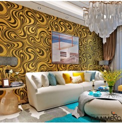 HANMERO Modern Minimalist Abstract Curves Glitter Non-woven 3D Wallpaper For Bedroom Living Room TV Backdrop ( Golden Yellow & Black )