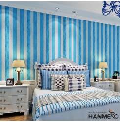 Hanmero Mediterranean Style Vertical Wide Stripes Removable PVC Embossed Vinyl Wallpaper for Walls 0.5310m/roll for Living TV Background Blue & White
