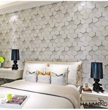 Hanmero European Removable PVC Hexagon Geometric Pattern Printed Vinyl Wallpaper Murals 0.5310m/roll for Living Dining Room Sofa Background Gray